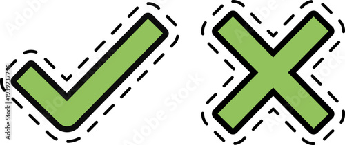 Green checkmark and x symbols with dashed outlines side by side