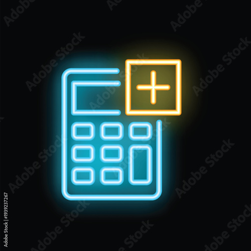 Bright neon calculator symbol with addition sign, representing mathematical calculations and financial operations