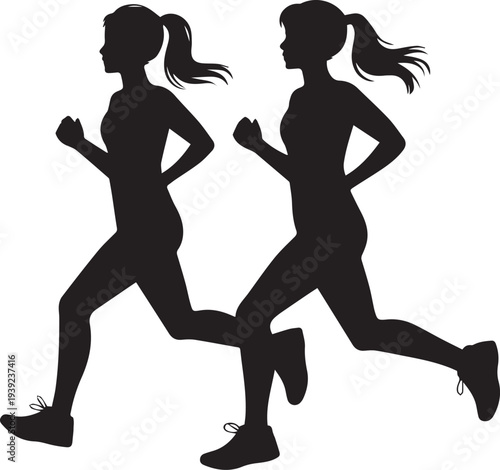 Two black silhouette women running with ponytails and athletic shoes des