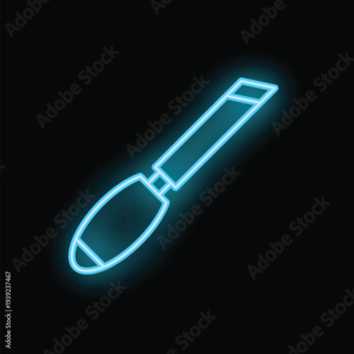 Blue neon icon of a cuticle pusher glowing on black background