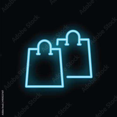 Two vibrant blue neon shopping bags glowing against a black background, symbolizing retail and consumerism