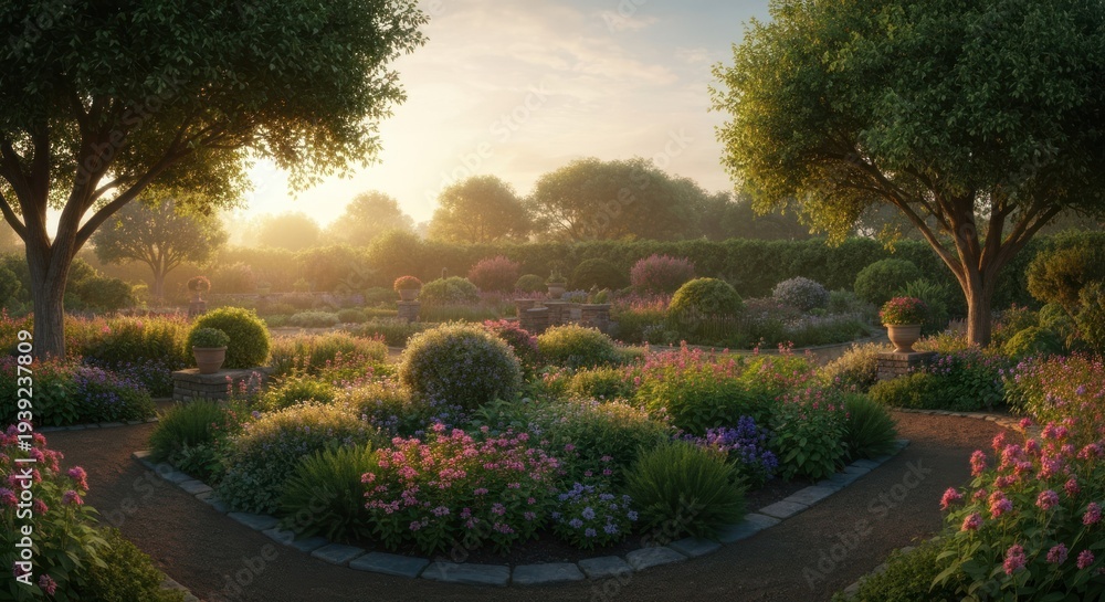 Obraz premium Serene garden scene, sunlight illuminating vibrant flower beds, pathways, and lush trees