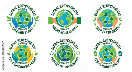 Global recycling day emblems with earth and green leaves illustrations