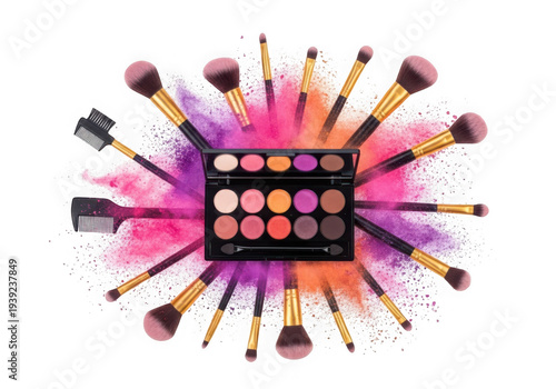 A colorful makeup palette with various brushes isolated on transparent background