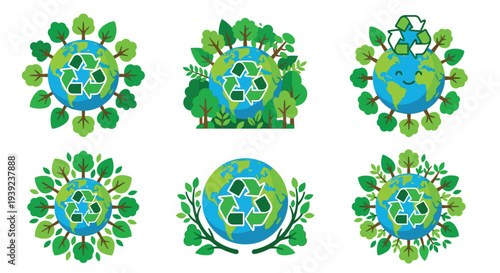 Multiple globes with recycling symbols surrounded by lush green foliage