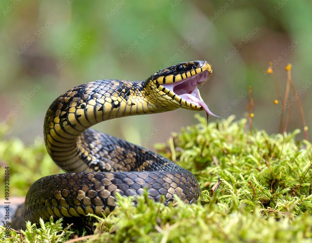 Fototapeta premium A serpent with patterned scales, its mouth agape, tongue extended, positioned amongst verdant mossy terrain