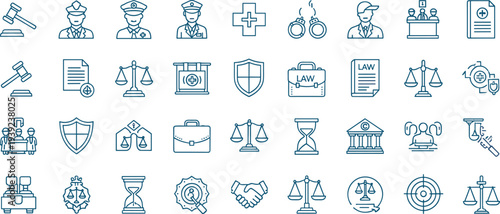 Legal and justice line icons featuring judge gavel, police, handcuffs, scales, courthouse, and law documents cad drawing flat vector illustration.