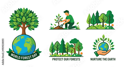 Illustrations depicting environmental conservation tree planting and a healthy planet