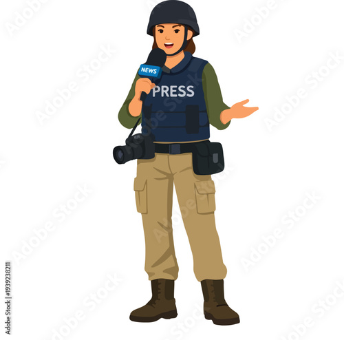 Flat Vector War Journalist Reporting News Full Body featuring Media Professional in Press Vest and Helmet with Microphone for Conflict Zone Broadcasting and Graphic Design