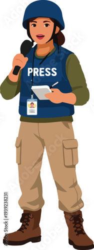 Flat Vector Field Reporter War Correspondent Full Body featuring Media Journalist in Protective Gear and Helmet for Conflict Zone News and Military Broadcasting Graphic Design