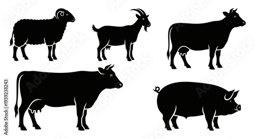 Farm Animal Silhouettes Set: Sheep, Goat, Cow, and Pig Vector Icons on White Background