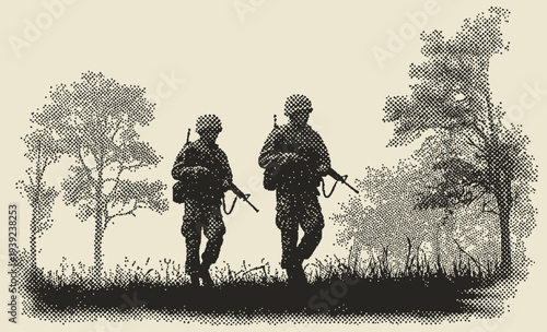 Soldiers Walking Through Forest in Vintage Halftone Engraving Style, Military Landscape Illustration
