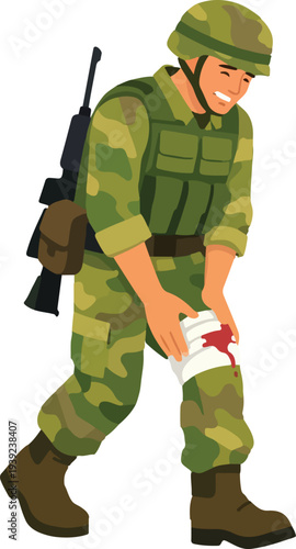 Flat Vector Wounded Soldier Walking Slowly Full Body featuring Injured Military Personnel in Camouflage Uniform for Army Medical Recovery and Battlefield Resilience Graphic Design