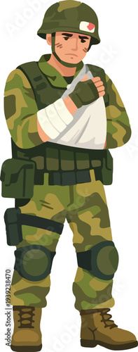Flat Vector Injured Military Soldier Standing Support Pose Full Body featuring Wounded Army Personnel Leaning on Crutch for Medical Recovery and Veteran Support Graphic Design