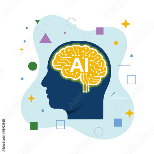 Artificial Intelligence Brain Concept – Human Head with AI Neural Network Vector Illustration
