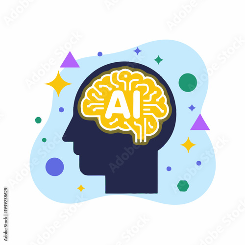 Artificial Intelligence Brain Concept – Human Head with AI Neural Network Vector Illustration