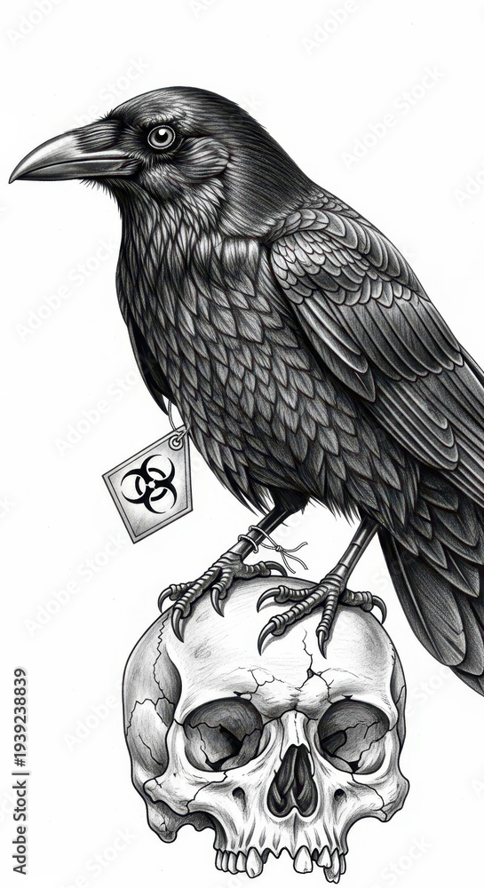 Naklejka premium Detailed black and white illustration depicts a dark bird perched upon a human cranium displaying a warning symbol