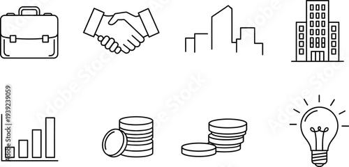 Business and finance icons including briefcase handshake building graph coins lightbulb