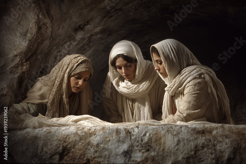 Women Finding the Empty Tomb of Jesus Christ resurrection scene with three biblical women looking at empty burial stone