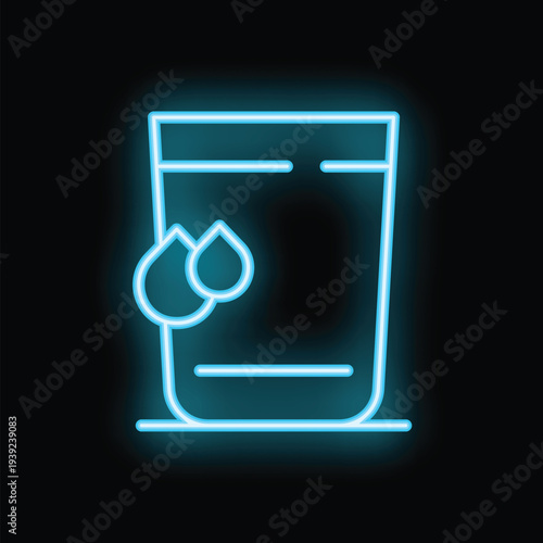 Bright blue neon glass of water icon glowing against a black background