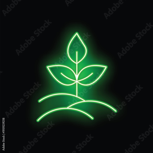 Green neon icon depicting a plant with leaves growing from the ground