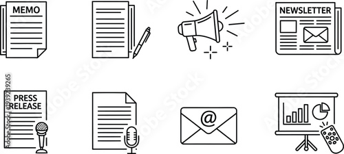 Collection of business and communication icons including menu newsletter and email symbols