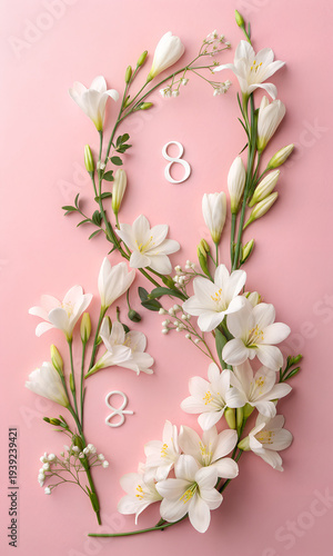 White flowers arranged in a flat lay on a pink background, elegant floral greeting card design for Women's Day or Mother's Day