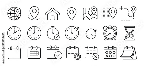 Set of minimalist outline icons featuring location pins, maps, clocks, stopwatches, hourglasses, and calendars for website navigation and event schedule planning.