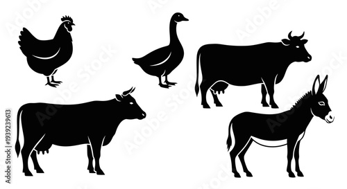 Farm animals silhouettes collection: chicken, goose, cow, and donkey icons set
