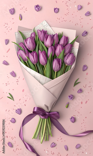 Top view of purple tulips wrapped in paper on a pink background for a Women's Day floral design