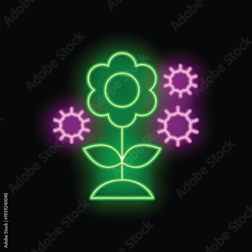 Green neon flower with leaves resisting purple virus bacteria attack icon on black background