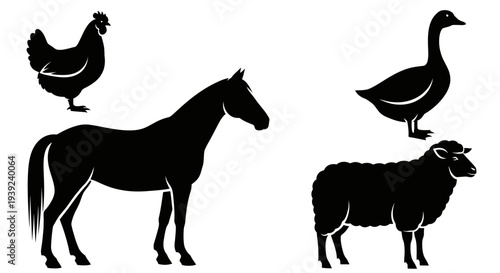 Farm Animals Silhouettes Collection: Chicken, Horse, Goose, and Sheep Icons