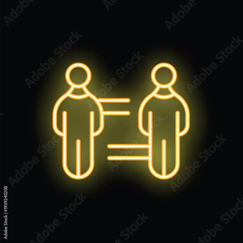 Neon yellow stick figures standing apart with arrows between them representing social distancing on a black background