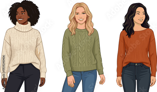 Create a realistic kinds of deferent Beautiful woman wearing a sweater vector art with white background..