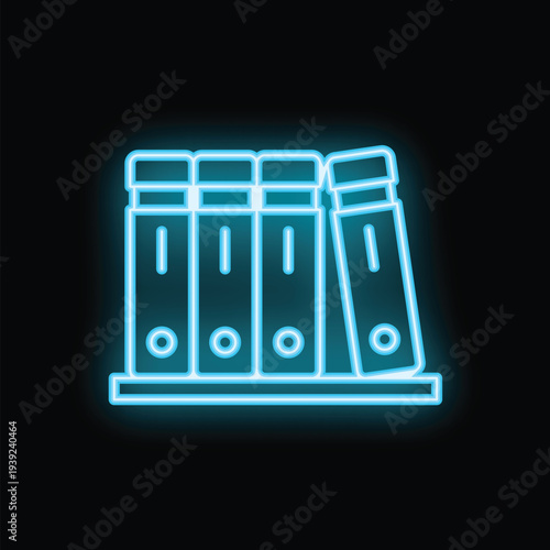 Bright blue neon icon of office binders standing on a shelf, evoking organization and efficiency