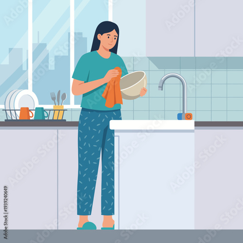 A woman wearing casual clothes is happily washing a bowl in a contemporary kitchen, symbolizing daily life chores and the joy of maintaining a clean home environment.