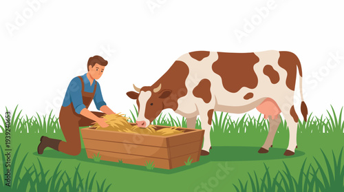 A farmer lovingly tends to a cow by feeding it hay, showcasing compassion and commitment to animals in a picturesque rural setting full of grass and nature.