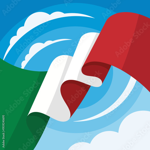 This vibrant illustration features a stylized Mexican flag waving against a backdrop of blue sky and fluffy white clouds, conveying a sense of national pride and joy.