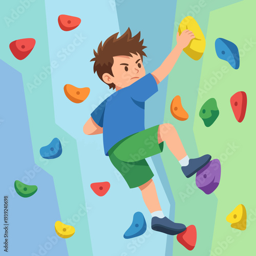 This lively illustration shows a determined child climbing a colorful rock wall, illustrating physical activity, adventure, and the joy of overcoming challenges in a playful setting.