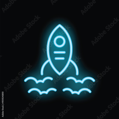 Blue neon rocket ship is taking off and leaving a blue smoke trail behind it