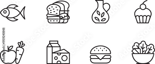 Title: a collection of nine black and white depicting various food including a fish, sandwich, olive oil bottle, cupcake, apple with carrots, milk carton