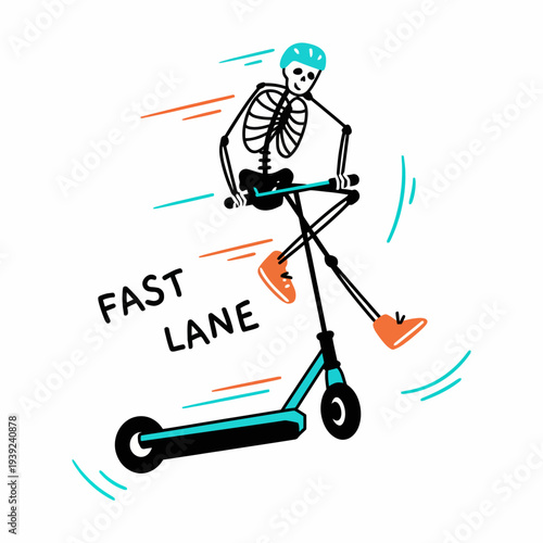 A playful illustration of a skeleton enthusiastically riding a scooter, conveying a sense of fun and speed with vibrant colors and dynamic motion lines.