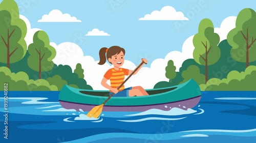 A cheerful illustration of a girl kayaking on a serene river surrounded by lush greenery, representing adventure and the joy of outdoor activities in nature.