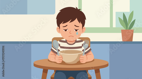 A young boy sits at a wooden table looking sad, waiting for his meal, with spoons and a bowl in front of him, evoking a sense of hunger and longing in the viewer.