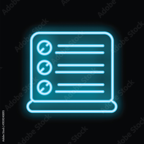 Bright blue neon checklist glowing on black background, concept for completing tasks or to do list