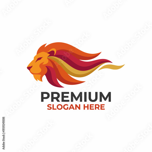 An impressive logo of a lion with flowing mane artfully designed in bold colors, symbolizing strength and leadership, ideal for premium brands and services.