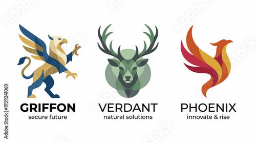 This fantasy logo collection features a griffin, deer, and phoenix, symbolizing security, nature, and innovation, perfect for brands with a magical and mythical identity.
