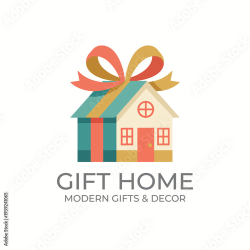 Showcasing a vibrantly colored house with a ribbon, this logo encapsulates the idea of gifting and home aesthetics appealing to modern sensibilities in decor.
