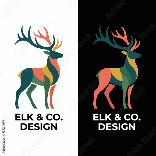 This unique logo design portrays a stylized elk with vibrant colors, reflecting the essence of Elk & Co., blending nature with a modern design for a youthful appeal.