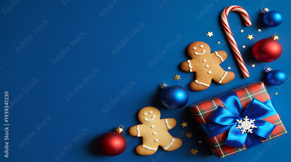 Naklejka premium Festive Christmas flat lay with gingerbread men, candy cane, ornaments, and gift